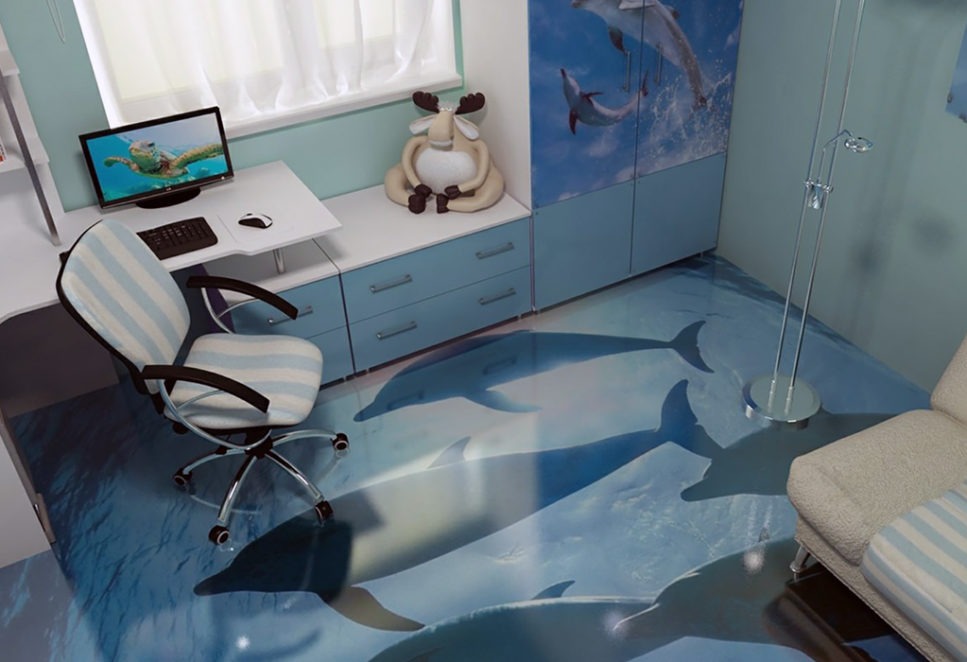 Exemple sol en résine 3D avec la mer et des dauphins dans un bureau