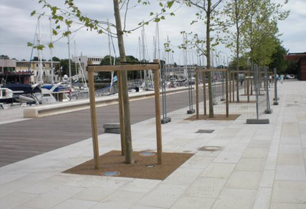 tour d'arbre en résine sur une allée piétonne